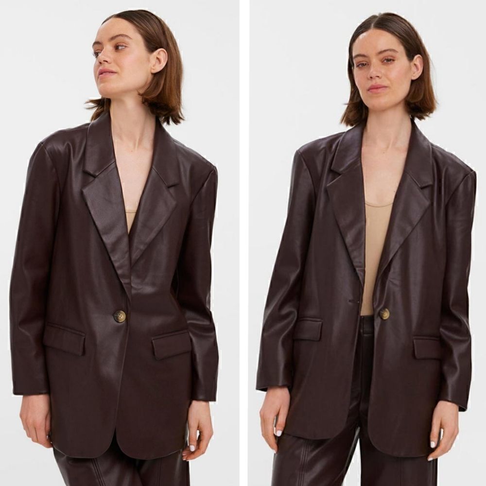 New! Vero Moda Olivia Faux Leather Blazer Dark Chocolate Brown Jacket